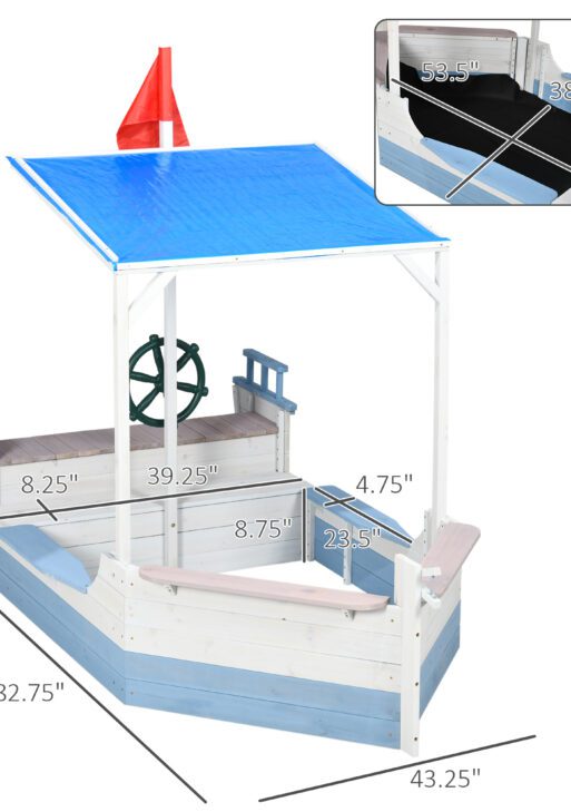 Kids Sandbox with Canopy, Pirate Ship Wooden Sand Boxes with Bench for Backyard, Sand Pit for Toddlers, 83" x 43", Blue