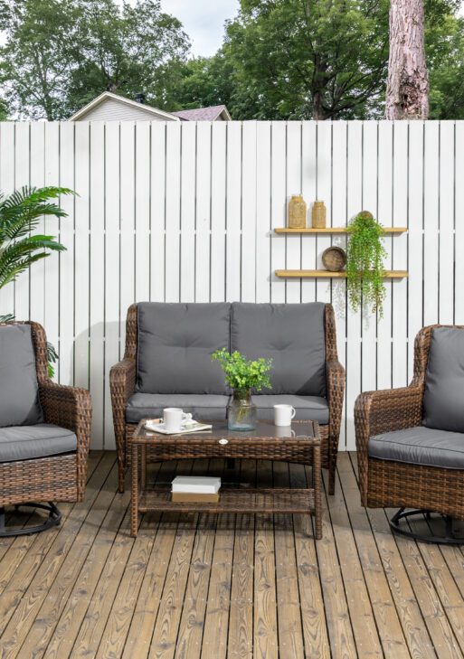 4 Piece PE Rattan Outdoor Patio Furniture Set, Wicker Conversation Set with 2 Swivel Glider Chairs, 2-Tier Glass Table and Loveseat for Garden, Patio, Poolside, Gray
