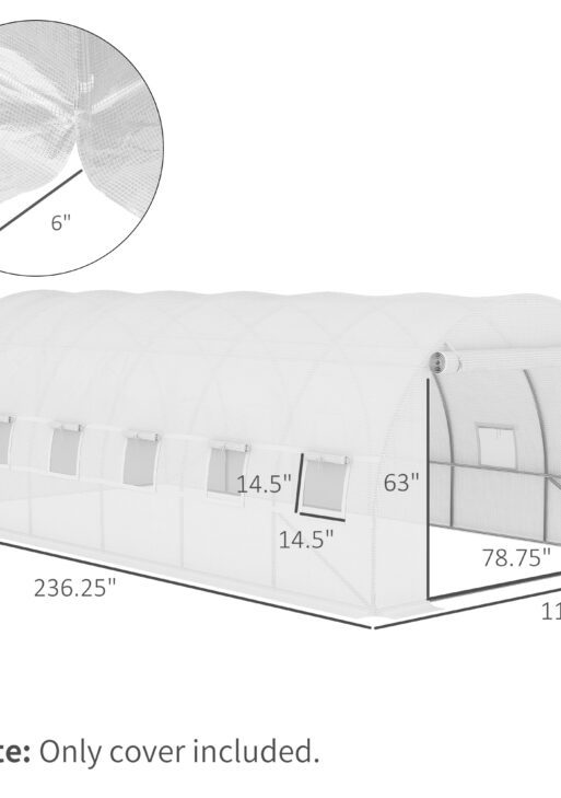 19.7' x 9.8' x 6.6' Plastic Greenhouse Cover Replacement, Heavy Duty Waterproof Tarp for Hoop House, Sheeting with 12 Windows, Door & Reinforcement Grid, White