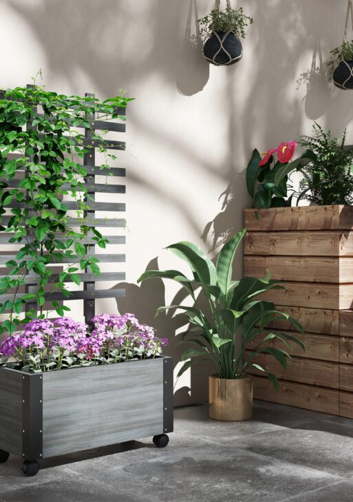 Wooden Raised Garden Bed, Planter Box w/ Trellis and Metal Corners, Portable on Wheels for Patio, Backyard, Deck, Gray