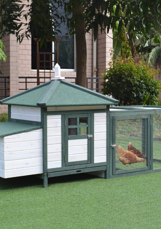 77" Wooden Chicken Coop Hen House Poultry Cage with Weatherproof Roof, Nesting Box, Enclosed Run and Removable Tray for Outdoor Backyard, Green
