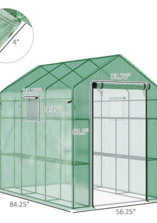 7' x 5' x 6' Walk-in Greenhouse for Outdoors with Mesh Door and Windows, 18 Shelf Hot House with Trellis, Plant Labels, UV Protective for Growing Flowers, Herbs, Vegetables, Saplings, Green