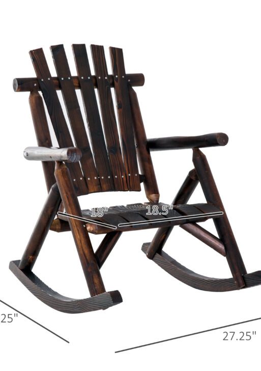 Outdoor Wooden Rocking Chair, Single-Person Rustic Adirondack Rocker with Slatted Seat, High Backrest, Armrests for Patio, Garden and Porch, Brown