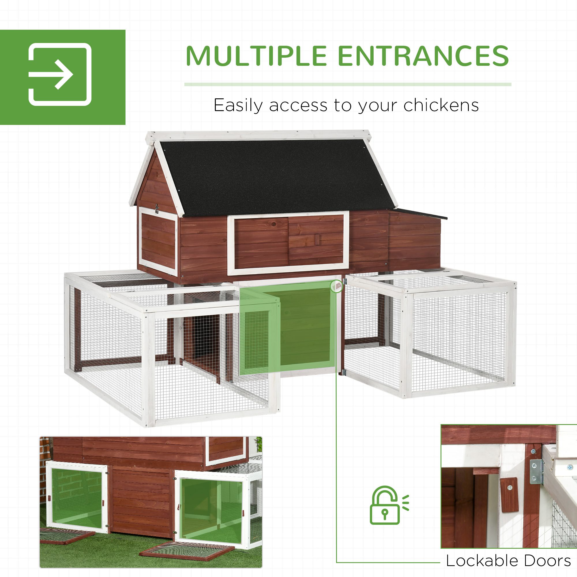 Wooden Chicken Coop, Outdoor Chicken Cage Poultry Hen House with Nesting Box, Double Runs, Asphalt Roof, Ramp - Image 4