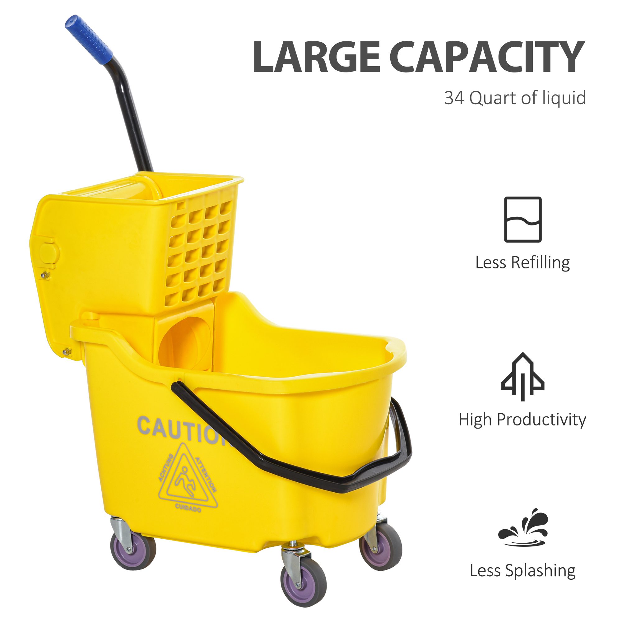 Mop Bucket Cart with Side Press Wringer, Metal Handle and 34 Quart Capacity, Yellow - Image 4