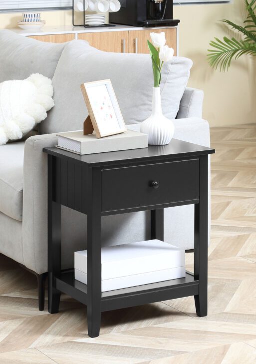 End Table, 2-tier Side Table with Drawer and Storage Shelf, Modern Sofa Side Table for Living Room, Black