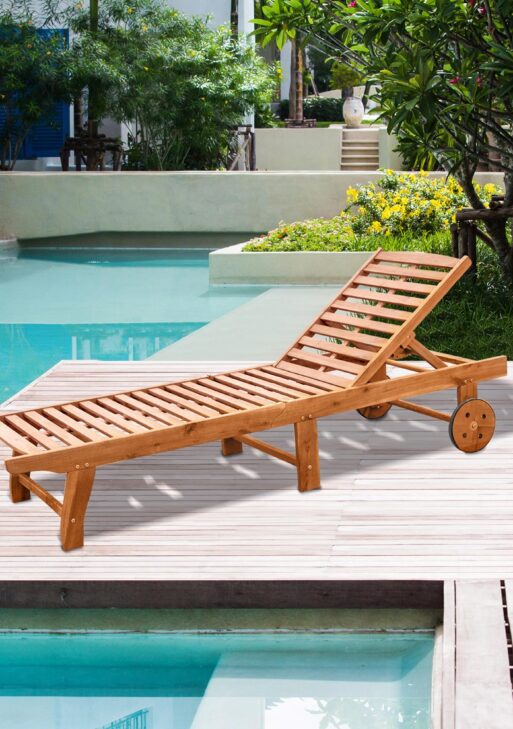Outdoor Folding Chaise Lounge Chair Recliner with Wheels, Acacia Wood Frame - Teak Color
