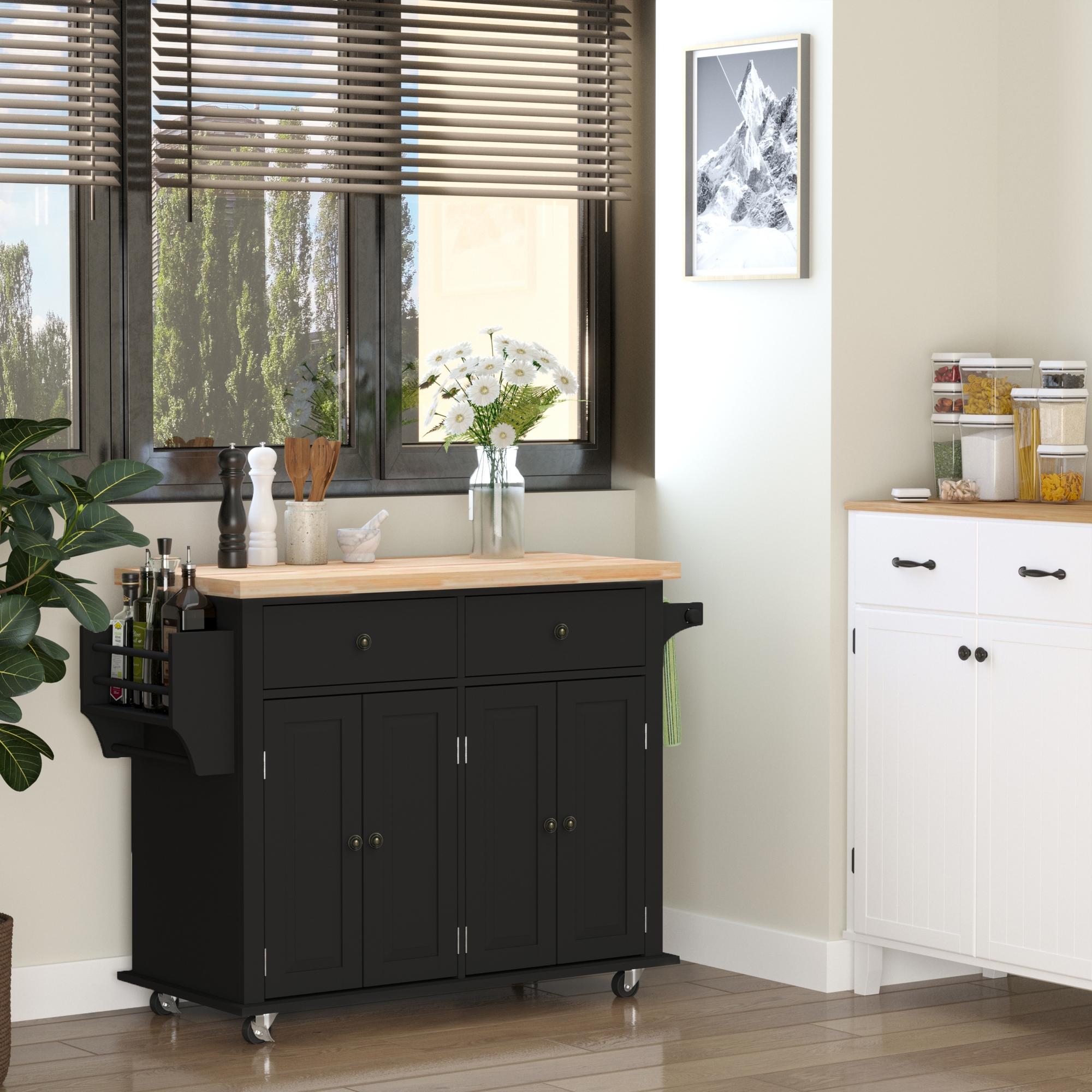 Kitchen Island Cart with Rubber Wood Top, Rolling Kitchen Island Table on Wheels with Drawers, Adjustable Shelves, Spice Rack and Towel Rack for Dining Room, Black