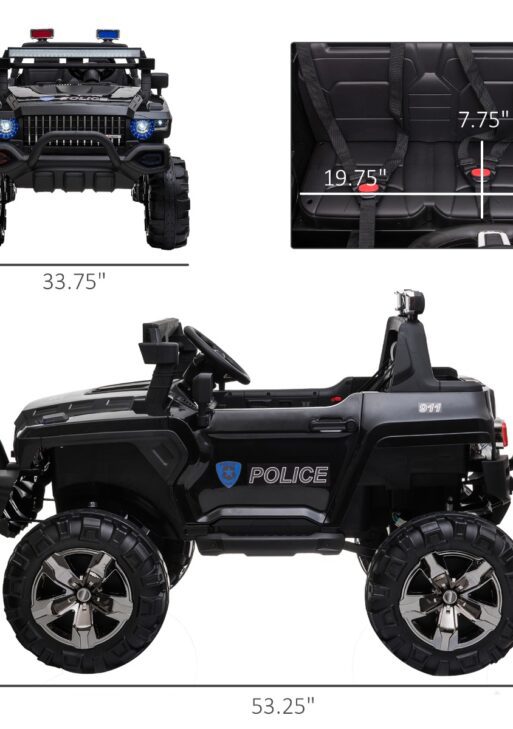 Kids Ride-On Car 12V RC 2-Seater Police Truck Electric Car For Kids with Full LED Lights, MP3, Parental Remote Control, Black
