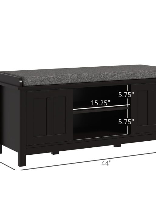 Modern Shoe Storage Bench, Entry Way Bench with Cushion, 2 Sliding Doors, Storage Ottoman Bench, Holds 10 Pairs, Black