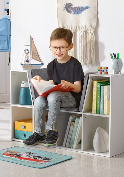 6-Cubby Kids Bookcase with Reading Nook and Cushion, Multi-Purpose Storage Organizer for Bedroom, Living Room, Pure White