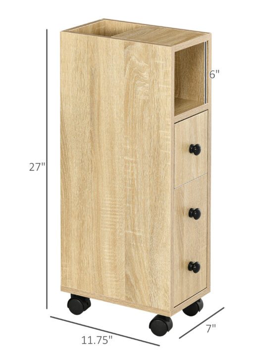 Freestanding Compact Design Bathroom Cabinet with 2 Open Cabinets, 1 Door Cabinet, 1 Drawer and 4 Rolling Wheels, Oak Grain Color