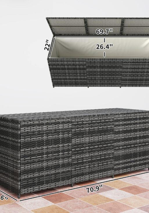 175 Gallon Outdoor Storage Box with Inner Liner, PE Rattan Wicker Deck Box with Pneumatic Bar Lift, Mixed Gray
