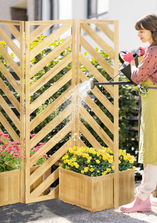 Decorative Outdoor Privacy Screen, Freestanding Divider/Separator with 4 Self-Draining Planters, 3 Trellis Plant Support Panels for Garden Walkway, Backyard, Natural Wood
