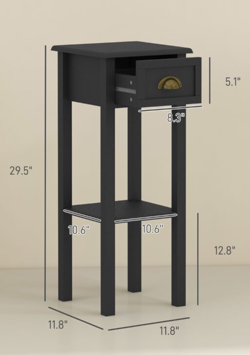 2-Tier Side Tables Set of 2 with Drawer and Shelf, 2 Pieces End Tables for Living Room and Hallway, Black