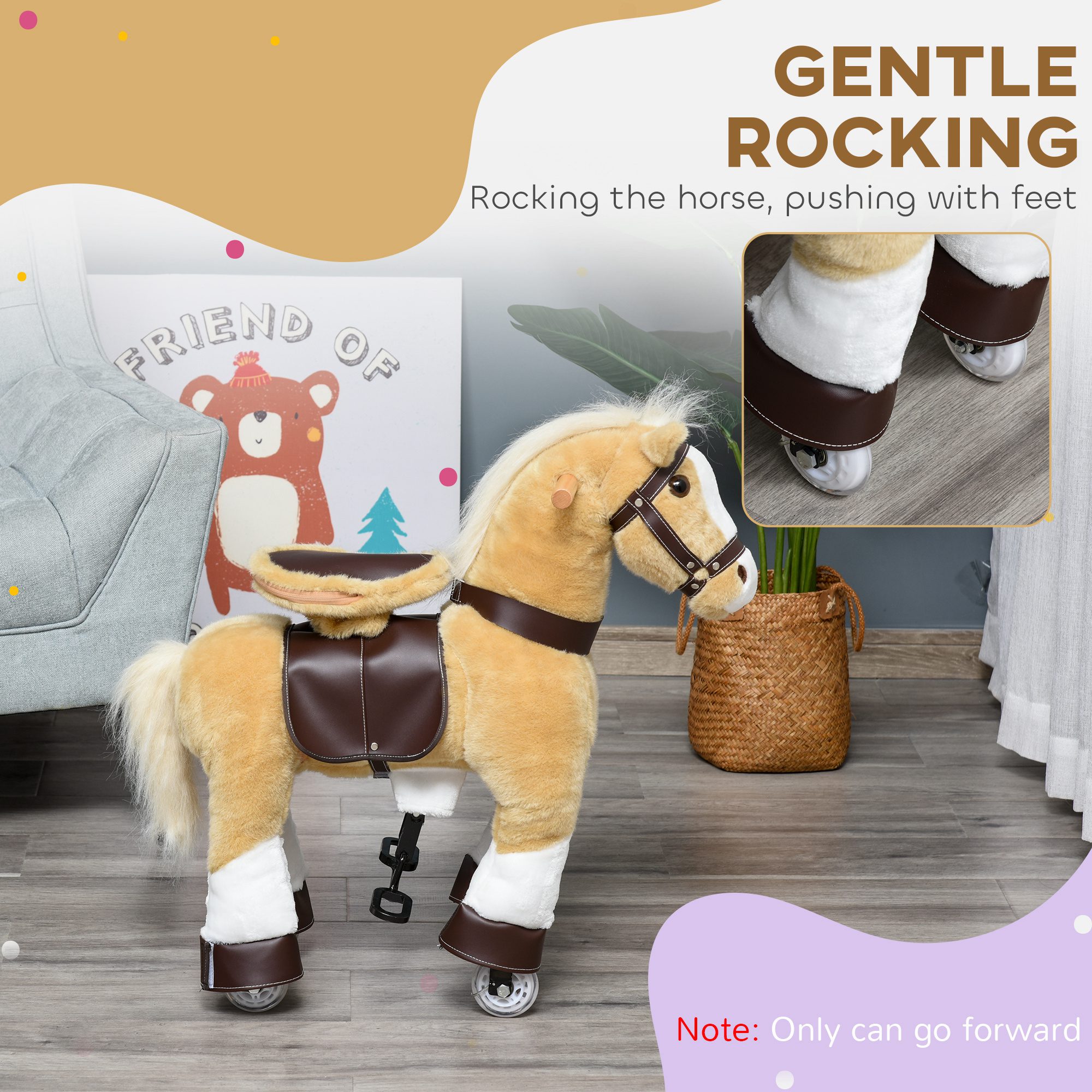 Ride on Horse, Plush Walking Horse Toy, Kids Riding Chair with Wheels for Kids 3-8 Years, Light Brown - Image 2