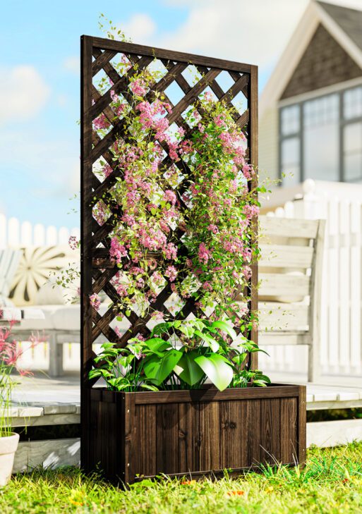 Wooden Raised Garden Bed Planting Planter Box with Trellis and Drain Holes for Climbing Vine Plants, Brown