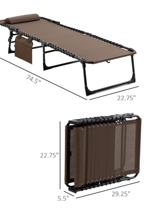 Chaise Lounge Chair Outdoor, 5-Position Adjustable Sun Tanning Chair with Carrying Handle and Side Pocket, Folding Bed Cot with Removable Pillow for Garden, Beach, Patio, Pool, Camp, Brown