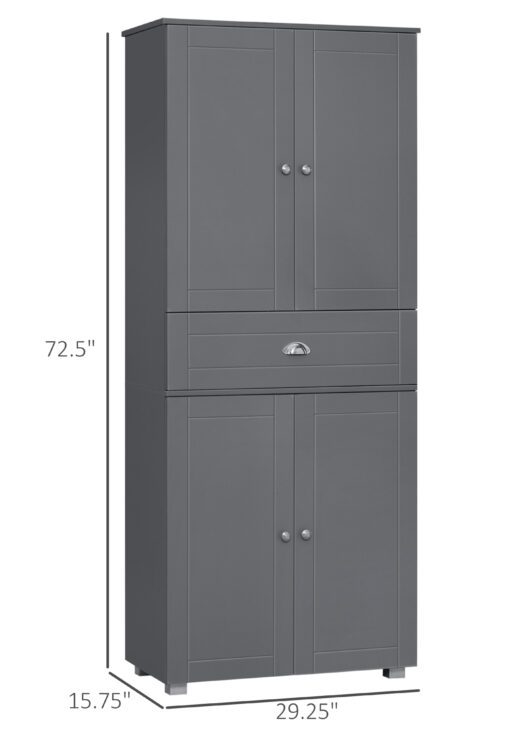 72" Freestanding Kitchen Pantry Cabinet, Tall Storage Cabinet with 4 Doors, Drawer and Adjustable Shelves for Dining Room, Gray
