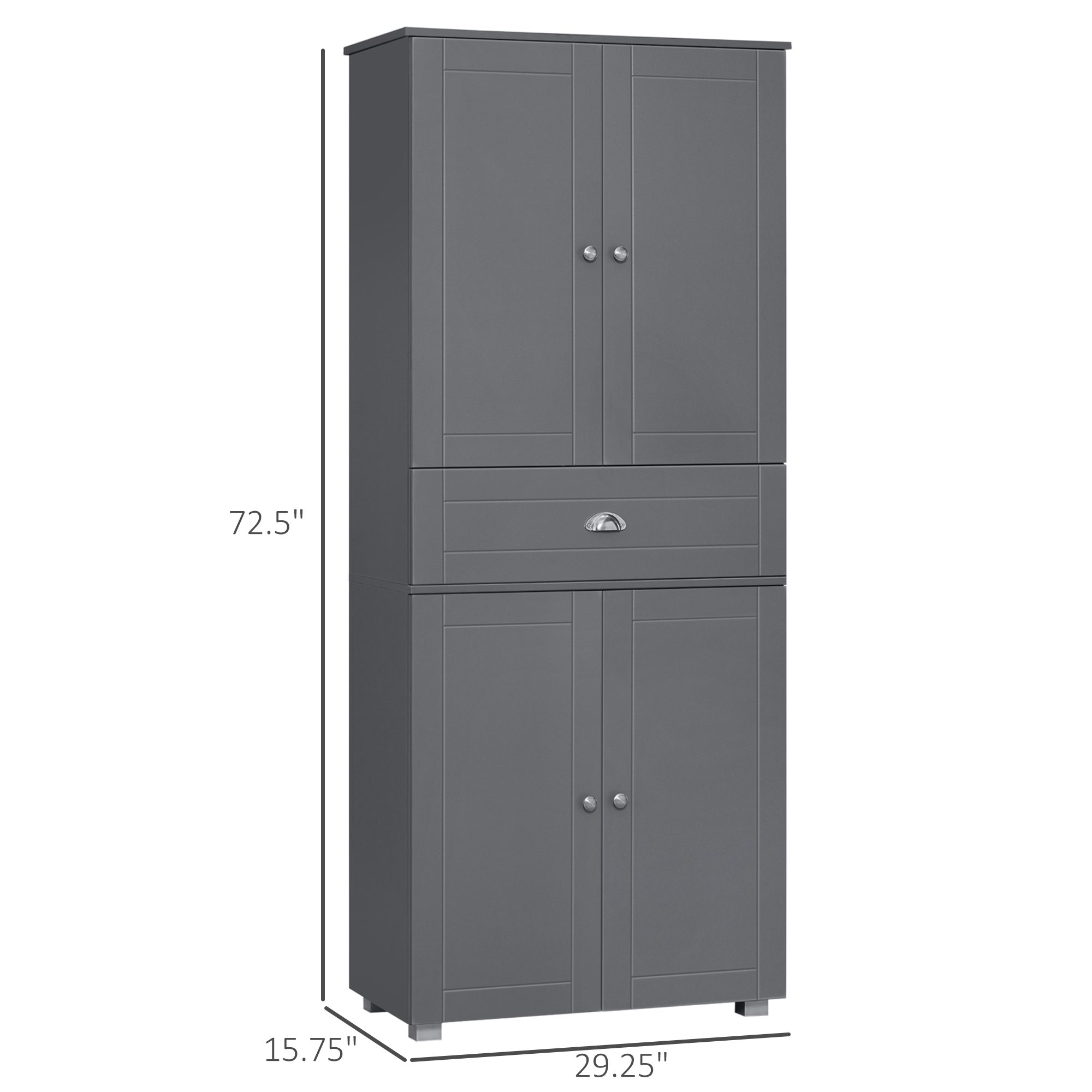72" Freestanding Kitchen Pantry Cabinet, Tall Storage Cabinet with 4 Doors, Drawer and Adjustable Shelves for Dining Room, Gray - Image 1