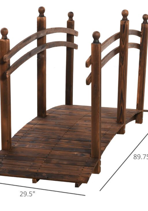 7.5' Fir Wood Garden Bridge Arc Walkway with Side Railings, Perfect for Backyards, Gardens, & Streams, Carbonized