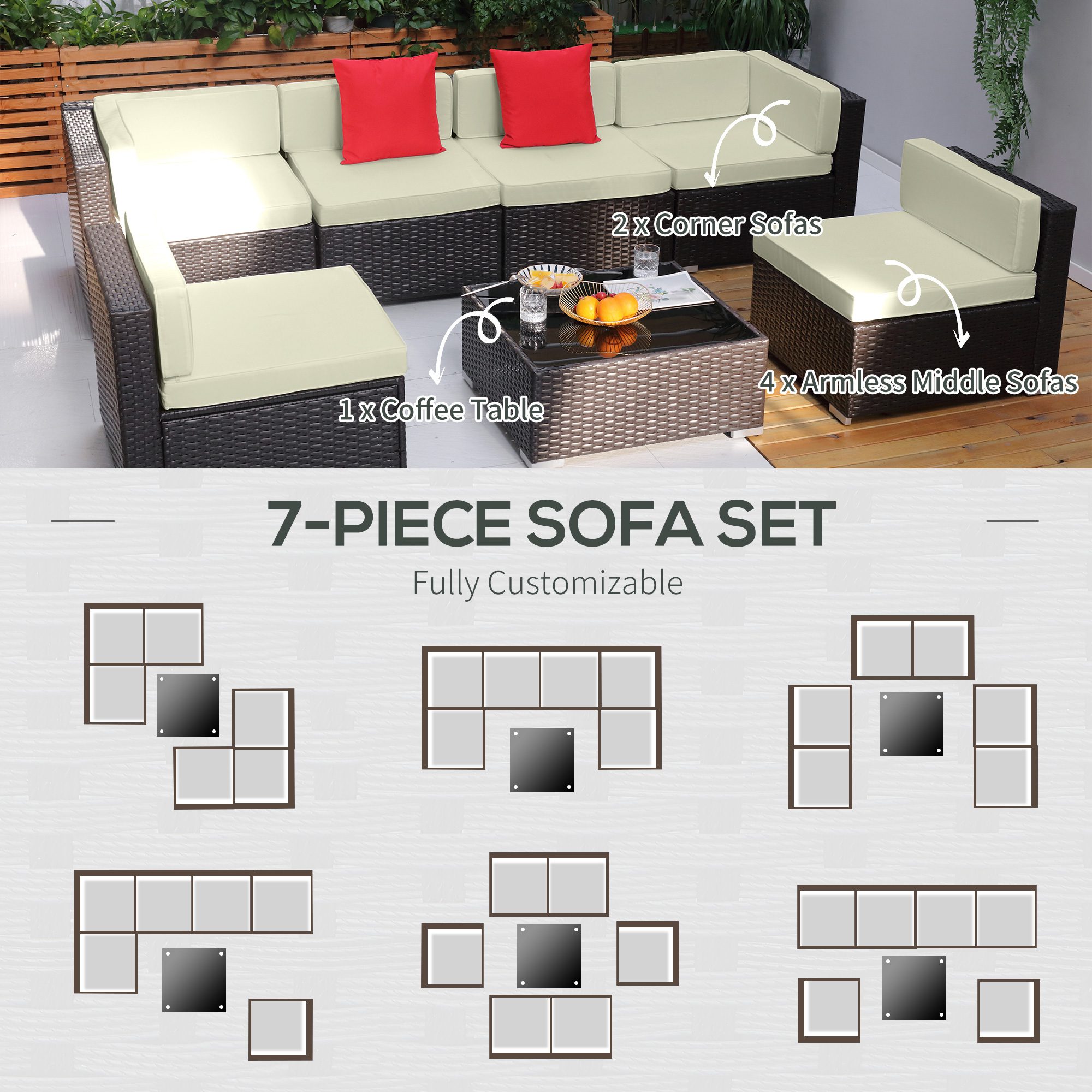 7 Piece Outdoor Patio Sofa Set with Cushions, All Weather PE Rattan, 29.5" Sofa Section, Glass Top Coffee Table for Outdoor Living, Beige - Image 3