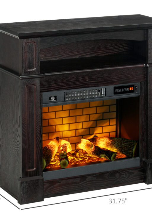 32" Electric Fireplace with Mantel, Freestanding Heater with LED Log Flame, Shelf and Remote Control, 1400W, Brown