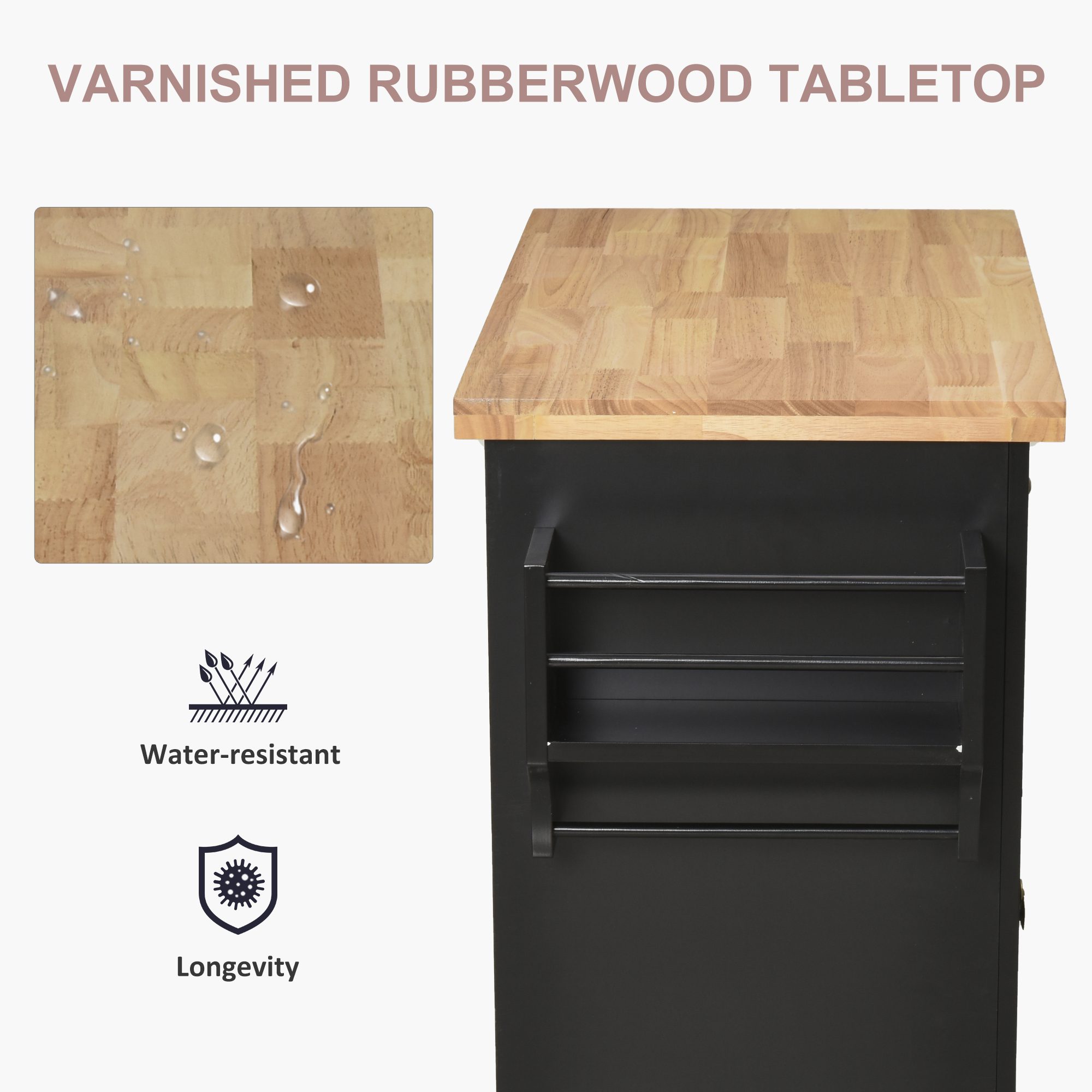 Kitchen Island Cart with Rubber Wood Top, Rolling Kitchen Island Table on Wheels with Drawers, Adjustable Shelves, Spice Rack and Towel Rack for Dining Room, Black - Image 2