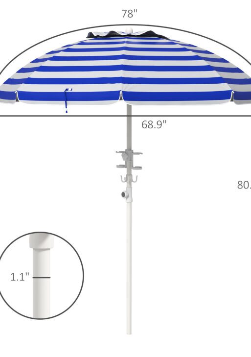 5.7' Beach Umbrella for Travel with Tilt, Adjustable Height, 2 Cup Holders, Hooks, Vent, Ruffles, Blue Stripe