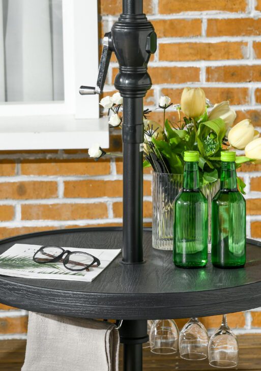 Beach Umbrella Table Tray with Wine Glass Holder and Foldable Towel Rack, 23.5", Black