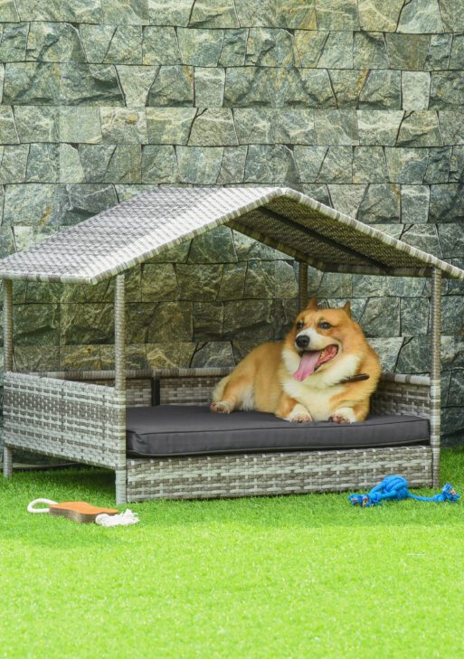 Wicker Dog House Elevated Raised Rattan Bed with Removable Cushion Lounge, Charcoal Gray