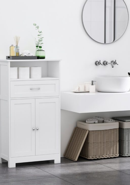 Modern Bathroom Floor Cabinet, Free Standing Storage Cabinet, Linen Cabinet with Drawer and Adjustable Shelf, White