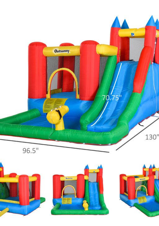 Kids Bounce House Inflatable Slide with Splash Pool, Water Cannon, Climbing Wall, Inflator Included, 6 in1 Bouncy Castle Kids Backyard Activity Outdoor Water Play Toy