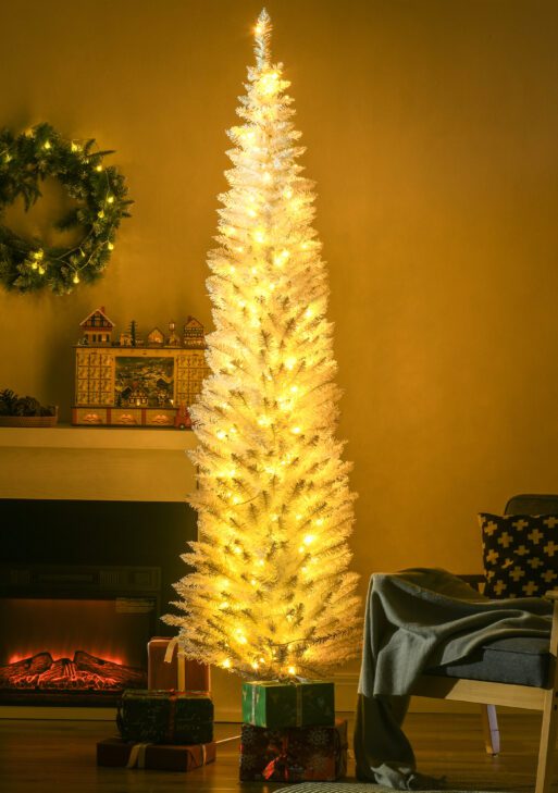 7ft Pencil Christmas Tree, Slim Artificial Christmas Tree with Realistic Branches and Warm White LED Lights, White