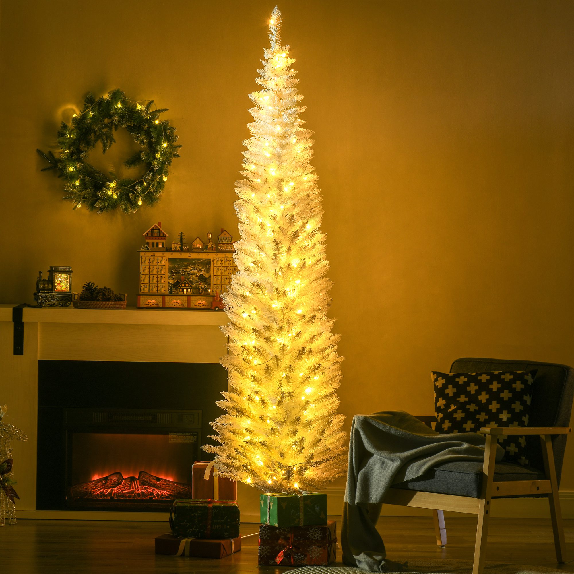 7ft Pencil Christmas Tree, Slim Artificial Christmas Tree with Realistic Branches and Warm White LED Lights, White