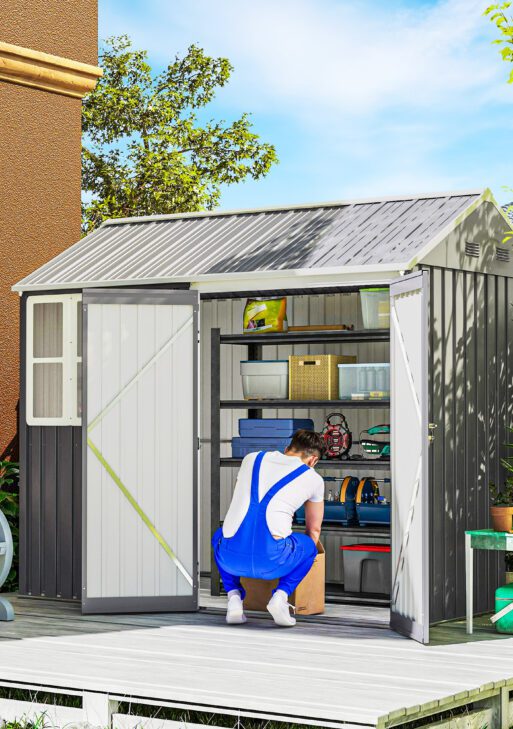 8' x 5.5' Metal Garden Storage Shed, Extra Large Outdoor Tool Storage House w/Lockable Doors, Window, Air Vents, Gray