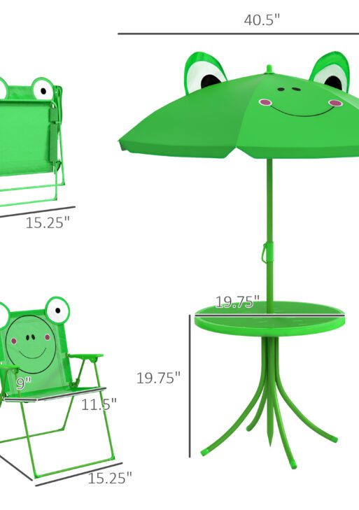 Folding Kids Table and Chair Set, Picnic Table with Frog Pattern Removable & Height Adjustable Sun Umbrella for Garden, Backyard, Green