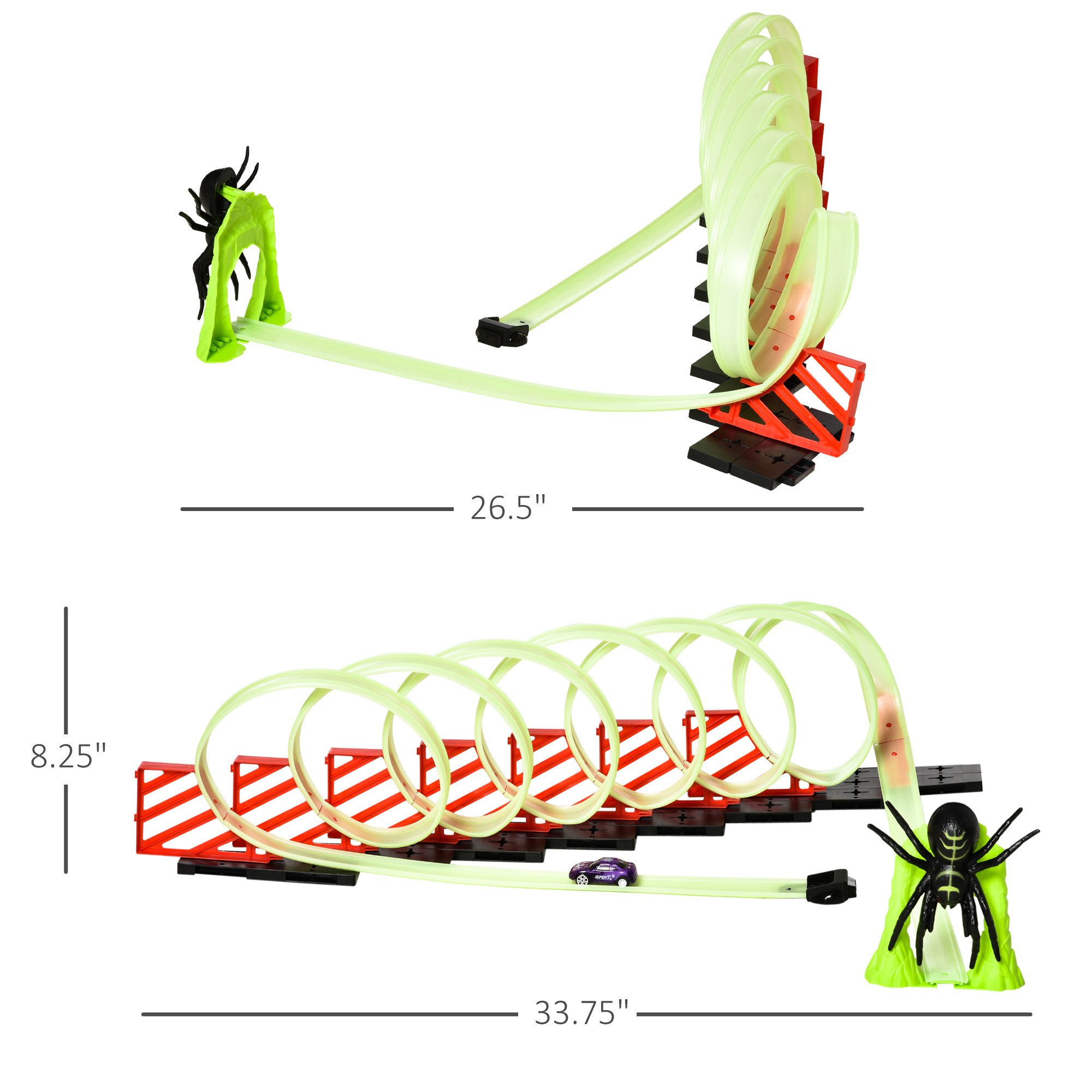 Track Builder Loop Kit Criss-Cross Glowing Race Track Toy Set Spooky Spider Fun Starter Kit, with Pull-back Car for Kids 3-6 years old, Lime Green - Image 1