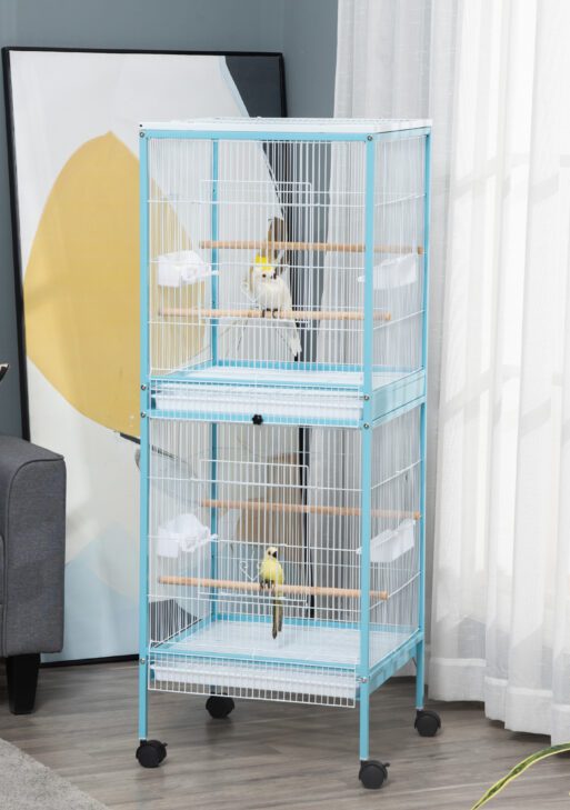 55" 2 In 1 Bird Cage Aviary Parakeet House for finches, budgies with Wheels, Light Blue