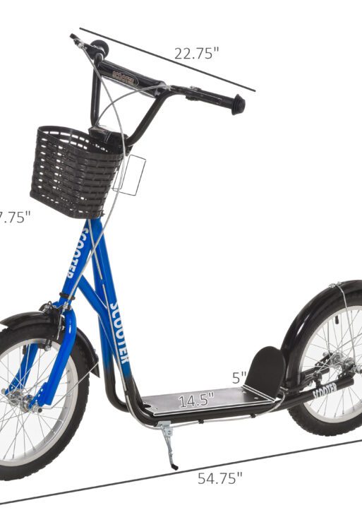 Youth Scooter, Kick Scooter with Adjustable Handlebars, Double Brakes, 16" Inflatable Rubber Tires, Basket, Cupholder, Blue