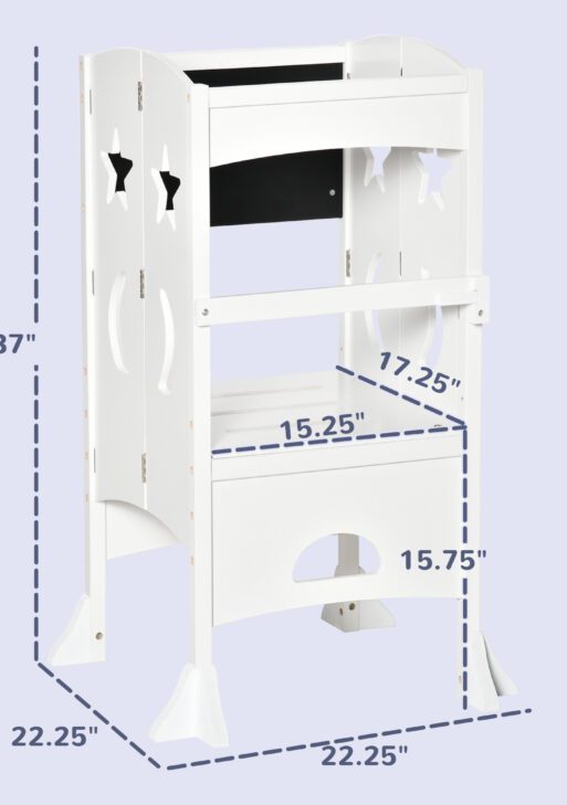 2 in 1 Kids Foldable Kitchen Step Stool, Toddler Standing Tower with Chalkboard and Lockable Handrail for Children 3-6 Years Old, White