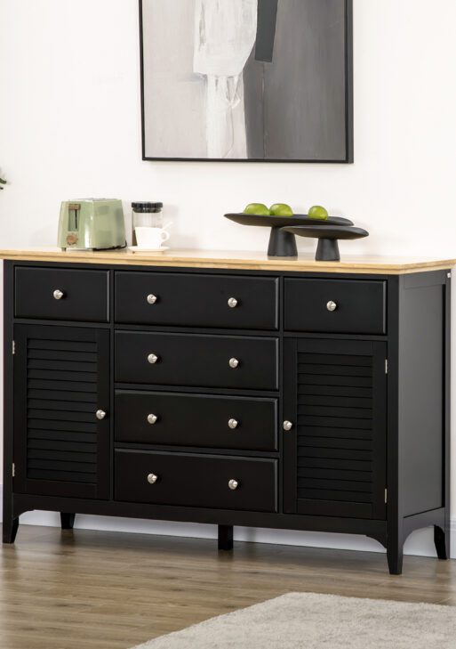 Sideboard Buffet Cabinet with Storage Drawers, Rubber Wood Top and Adjustable Shelves, Coffee Bar Cabinet, Black