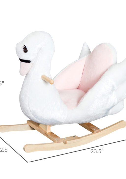 Kids Ride On Rocking Horse Plush Swan Style Toy with Music for Over 18 Months Children, White and Pink