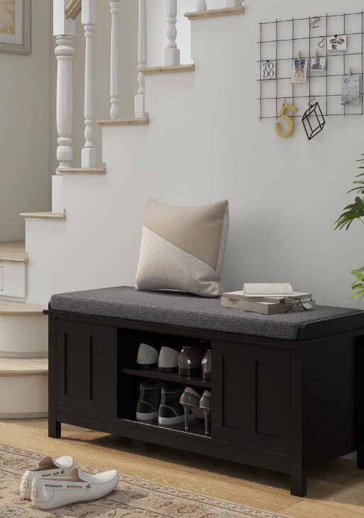 Modern Shoe Storage Bench, Entry Way Bench with Cushion, 2 Sliding Doors, Storage Ottoman Bench, Holds 10 Pairs, Black