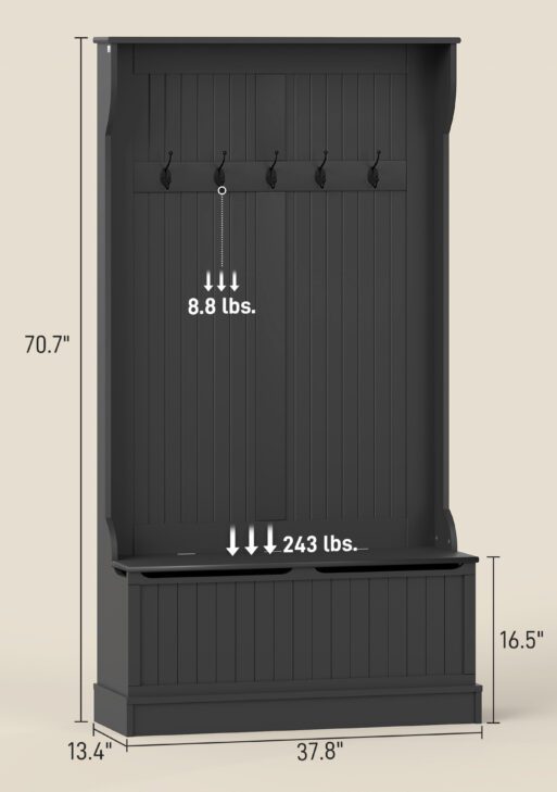 3-In-1 Entryway Bench with Coat Rack, Hall Tree with Bench and Shoe Storage, 5 Hooks for Hallway Black