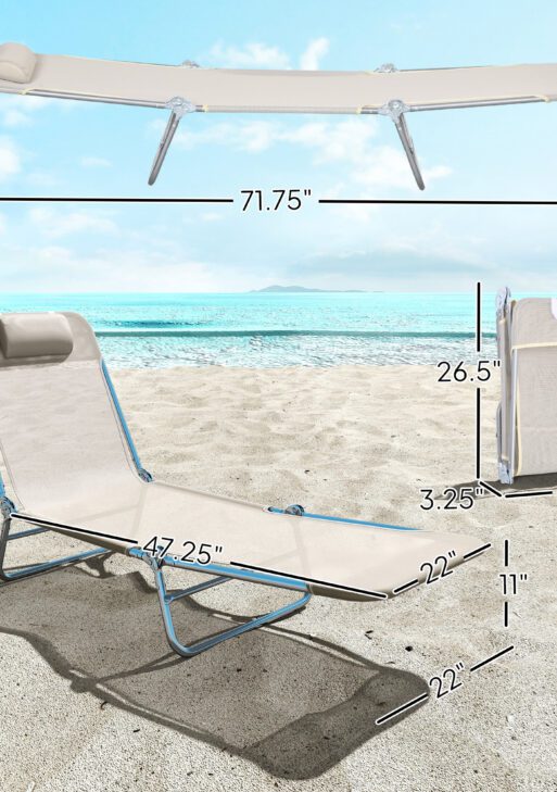 2 Piece Sun Loungers, Folding Chaise Lounge Chairs with Reclining Back, Breathable Mesh Seat, Headrest, Cream White