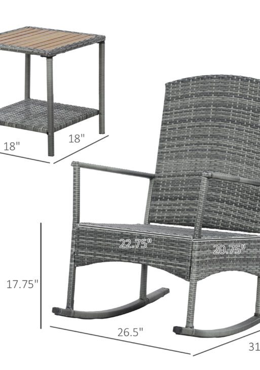 3 Piece Outdoor PE Rattan Rocking Chair Set, Patio Wicker Recliner Rocker Chair with Soft Cushion & Nature Wood Top Coffee Table, Gray