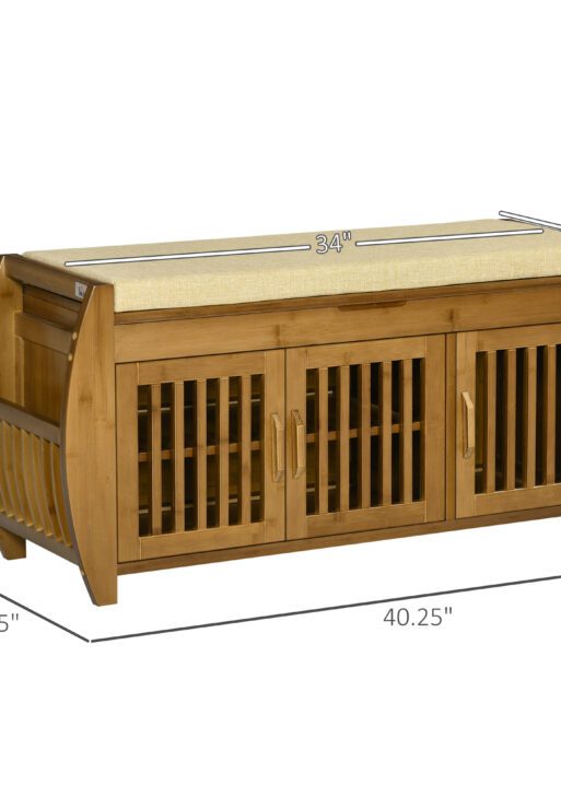 Shoe Bench with Storage Cabinets, Bamboo Entryway Bench with Seating Cushion, 3 Doors, Side Rack and Hidden Compartment for Hallway, Brown