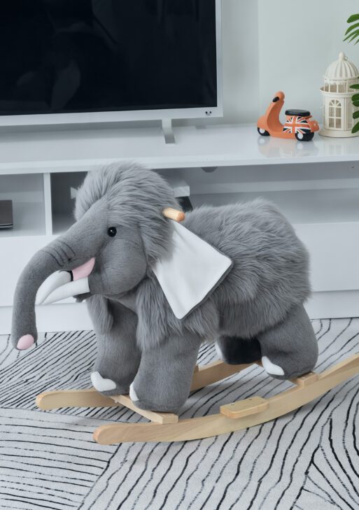 Kids Ride-On Rocking Horse Toy Mammoth Style Rocker with Fun Music & Soft Plush Fabric for Children 3+ Years