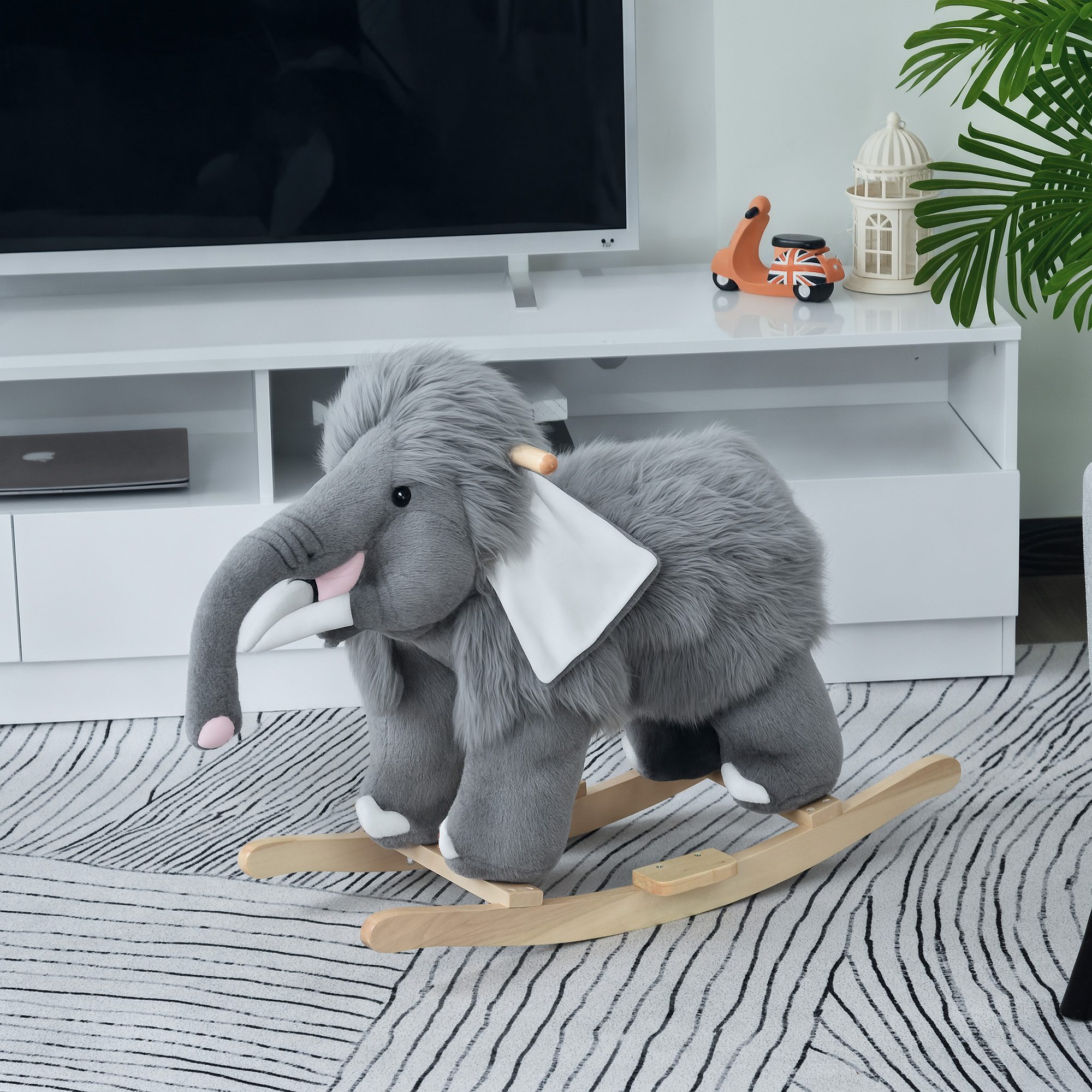 Kids Ride-On Rocking Horse Toy Mammoth Style Rocker with Fun Music & Soft Plush Fabric for Children 3+ Years